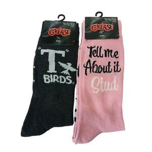 Grease Movie TBirds Pink Ladies Men Novelty Crew Socks 2 Pair Size 6-12 NWT